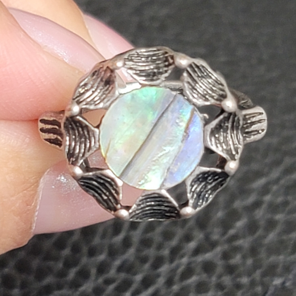 Irridescent Shell & Silvertone Ring, Antique Inspired - Size 7